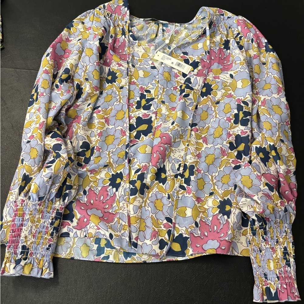 Rebecca Taylor Pink and Blue Ruffled Floral Blouse